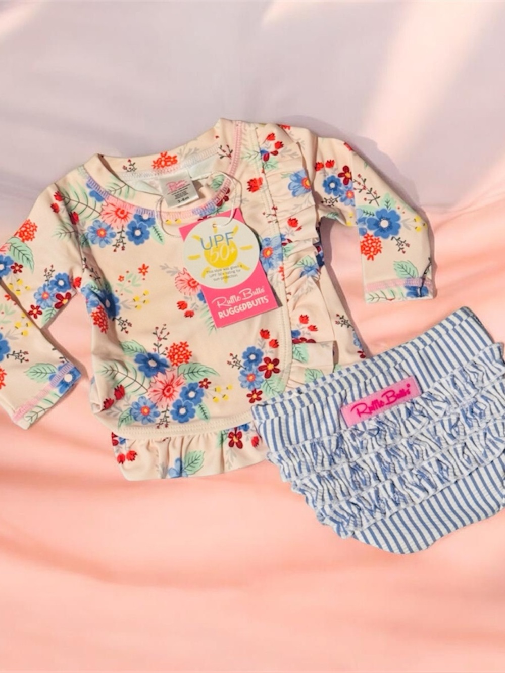 Ruffle Butts Floral Ruffle Top and Blue Striped Ruffle Bloomers NWT